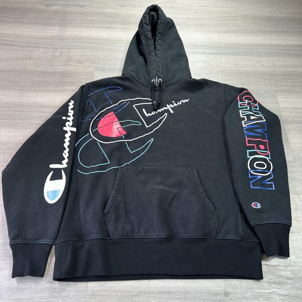 Champion Reverse Weave Hoodie Mens XL Black Graphic Logo Fleece Sweatshirt